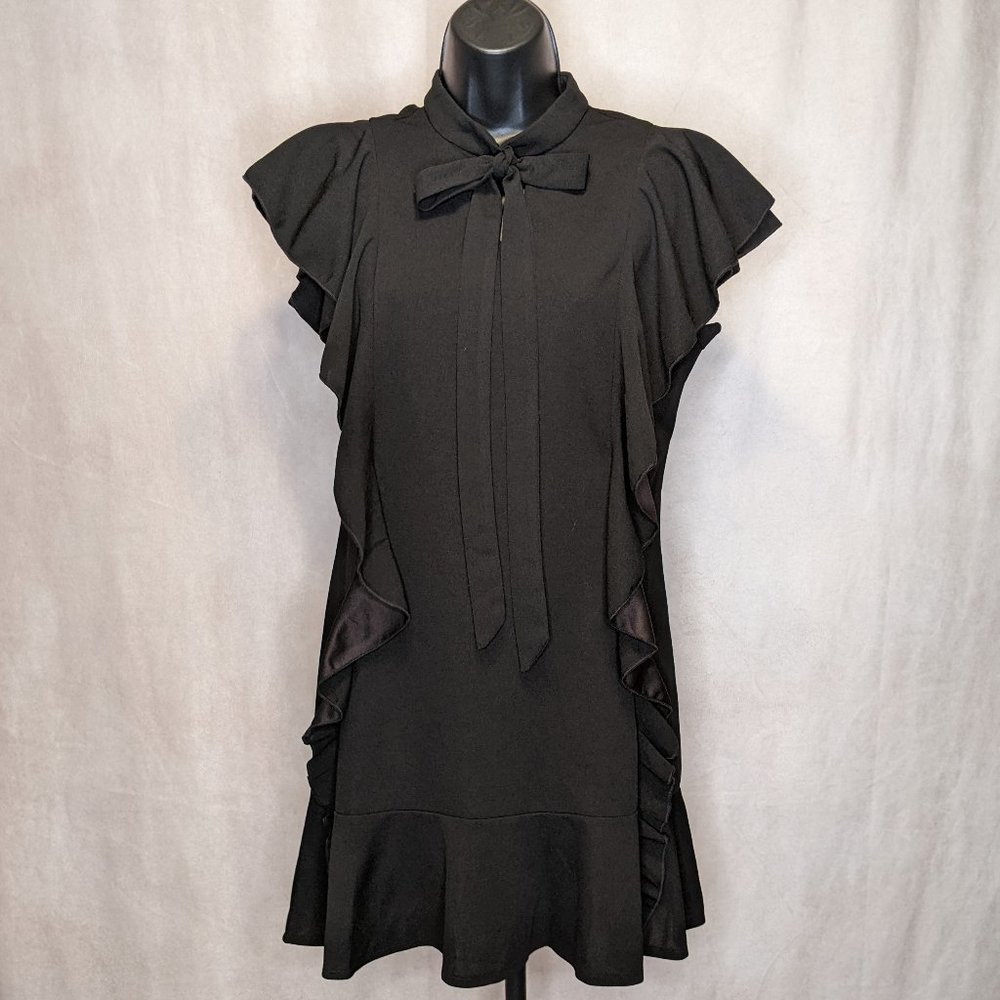 NWOT Medium Black tie neck ruffle Little Black Cocktail Dress.